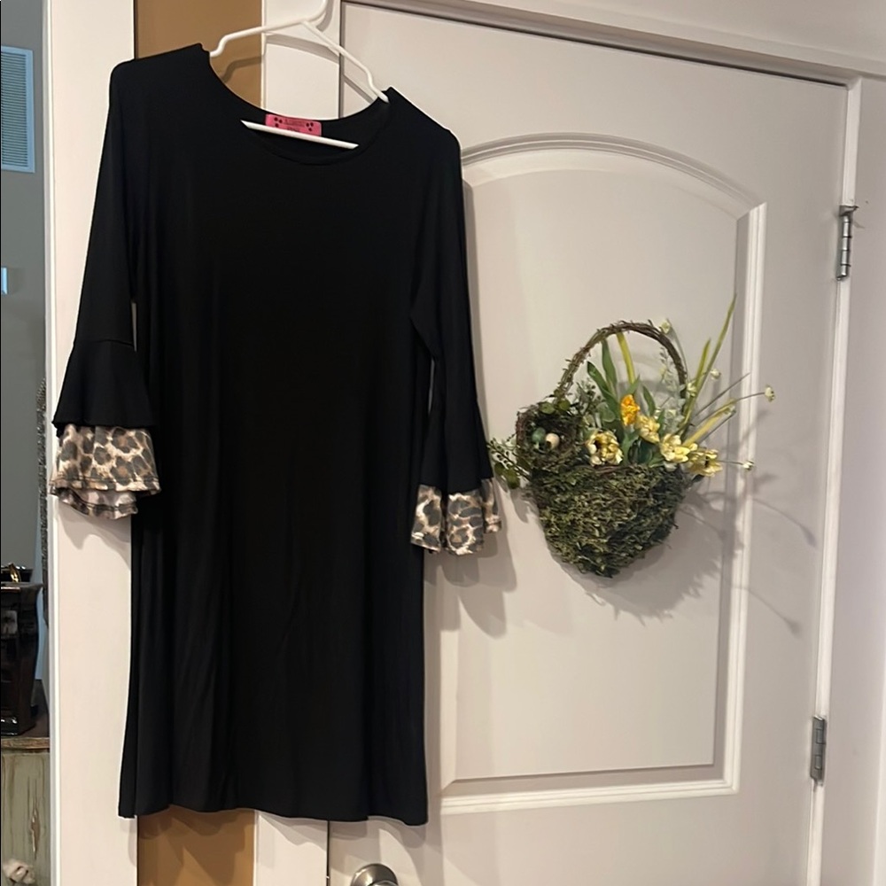 Black Dress with Leopard Print Sleeves
